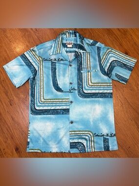 Vintage 60’s NAPILI Made In Hawaii Shirt Hawaiian Diamond Head Canoe Blue Aloha